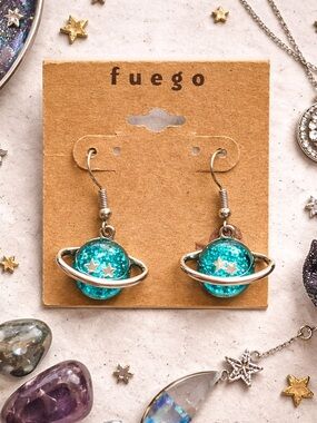 Fuego | Teal Glitter Celestial Planet Earrings | Silver